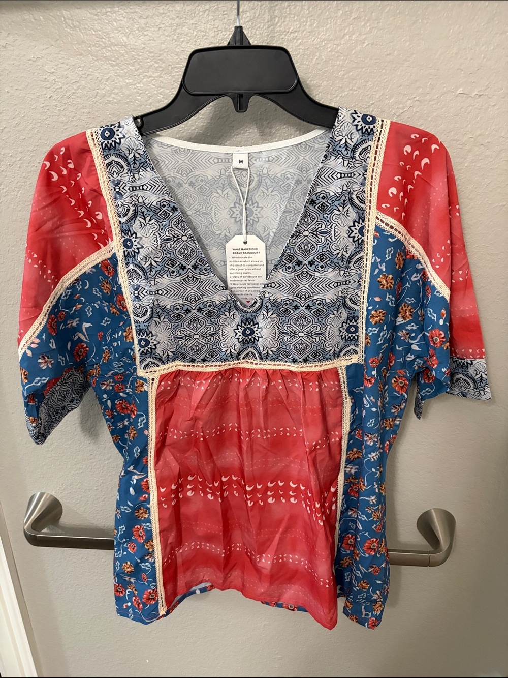 Boho Mixed-Print Women’s Top - Red & Blue